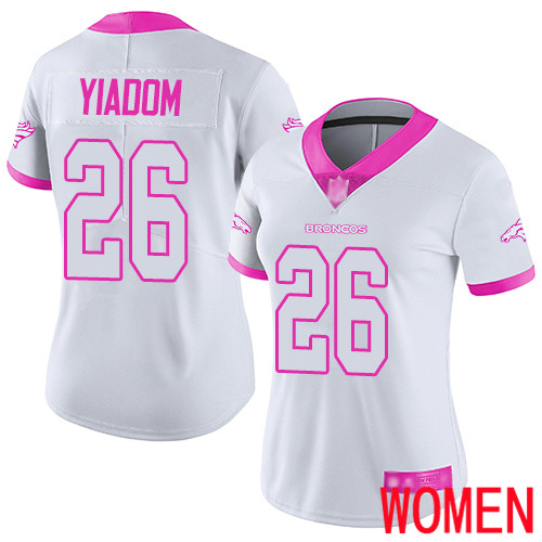 Women Denver Broncos #26 Isaac Yiadom Limited White Pink Rush Fashion Football NFL Jersey->women nfl jersey->Women Jersey